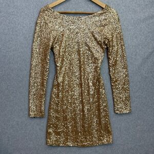Lucca Couture Size S Mini‎ Bodycon Dress Gold Sequin Open Back Long Sleeve Glam